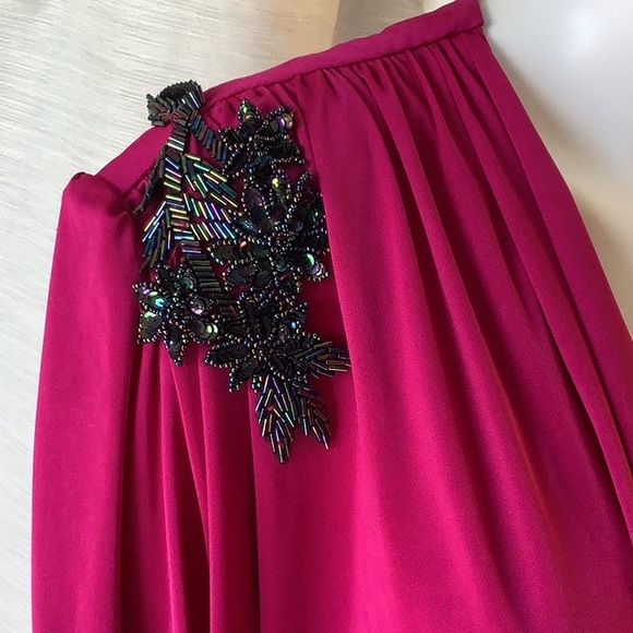 WHY Plus Size 21/22 Pink Beaded Shoulder Drop Waist Long Sleeve Evening Dress - Picture 5 of 12